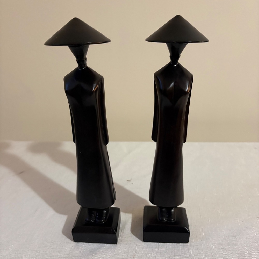 Vintage Vietnamese Wood Carved Figurines Set 2 Minimalist Asian Statues 9.25in